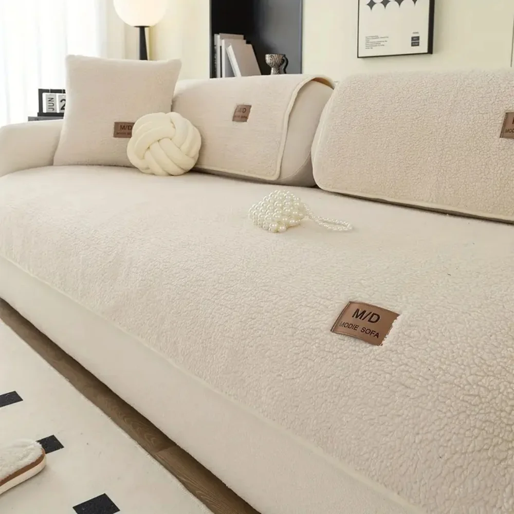 Funda de sofá antideslizante de Sherpa sólida con etiqueta de PU, decoración para sala de estar, funda de asiento Coush, funda de sofá Universal, toalla de muebles