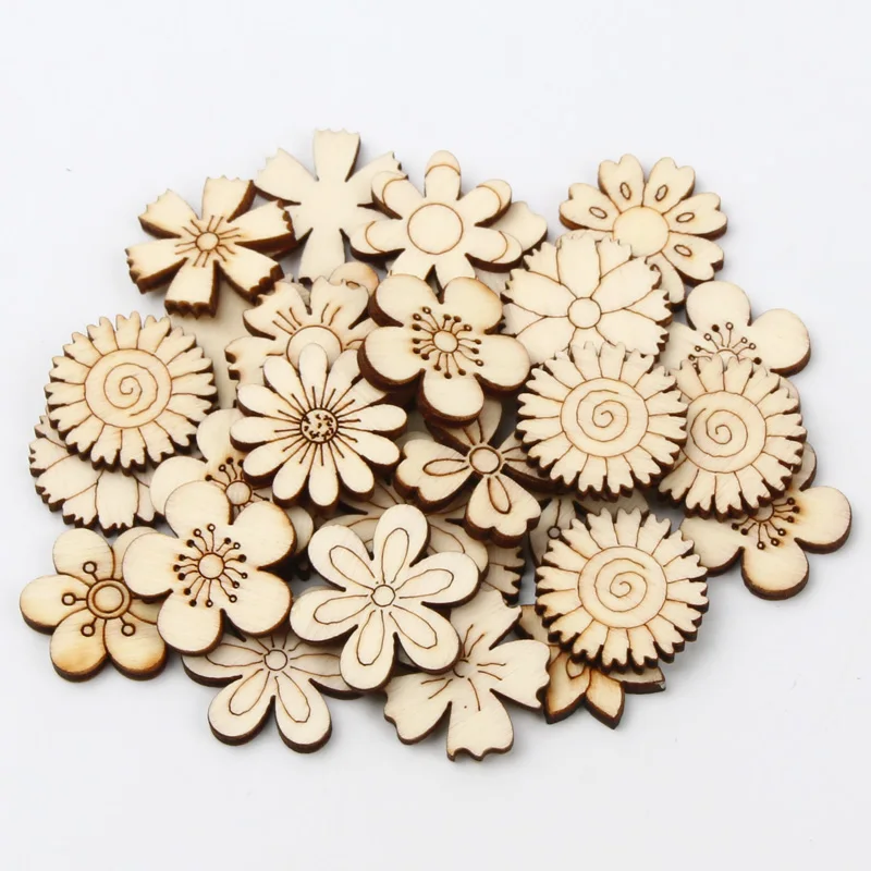 50Pcs 20/25mm Mixed Flower Wood Slice Scrapbooking Wooden Crafts For Embellishment Handmade Accessories DIY Home Decoration