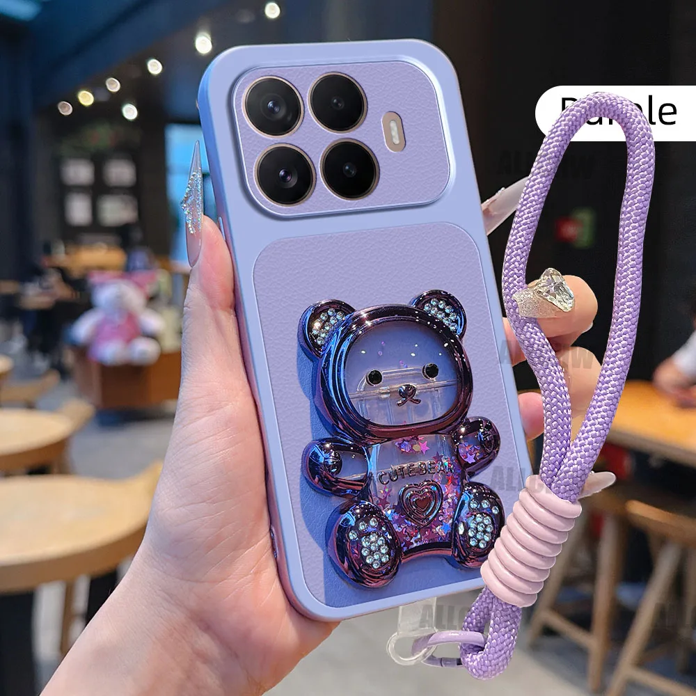 Adorable 3D Bear Bracket Stand Phone Case with Litchi Texture and Hanging Rope
