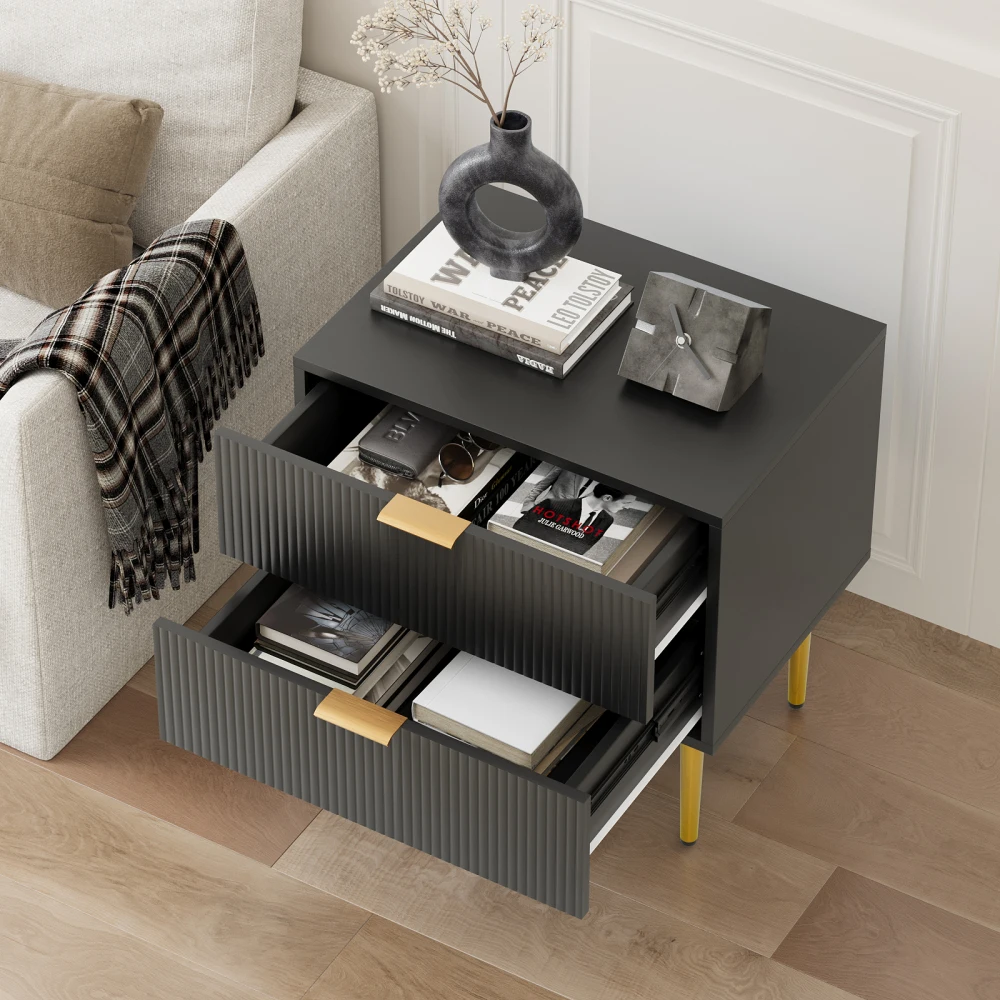 Eleganter Nachttisch mit schwarzem Wellenmuster und 2 Schubladen, Nachttisch mit Metallbeinen, 1-teiliger Schlafzimmer-Nachttisch – Detail 16
