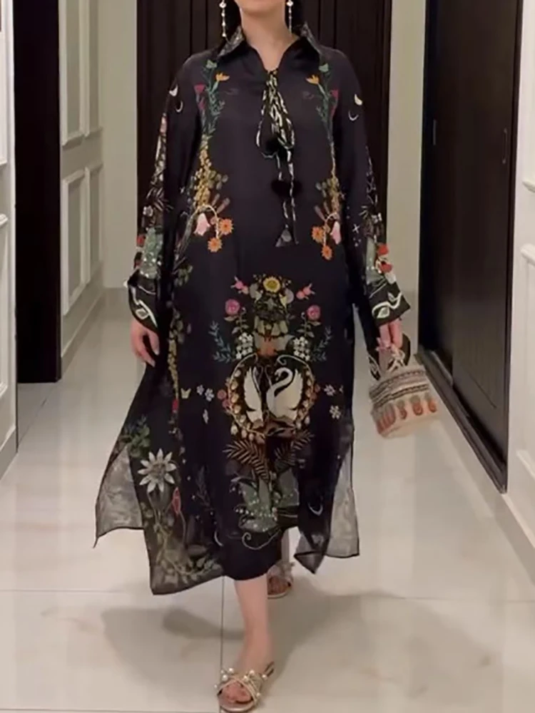 Lapel Three Quarter Sleeve Retro Printing V Neck Dress Autumn Elegant Women Loose Party Dress Femme Lacing Up Maxi Dress Vestido