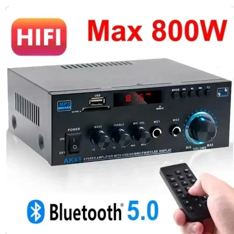 AK45 Bluetooth 5.0 Power Amplifier 2.0CH 60W X 2 Output Max 400W Subwoofer Hi-Fi Audio Amplifier Stereo Receiver