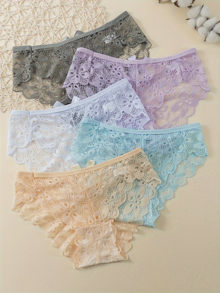 5 pieces of sexy full lace briefs, cotton inner lining, fashionable women's underwear, cute bow tie women's underwear