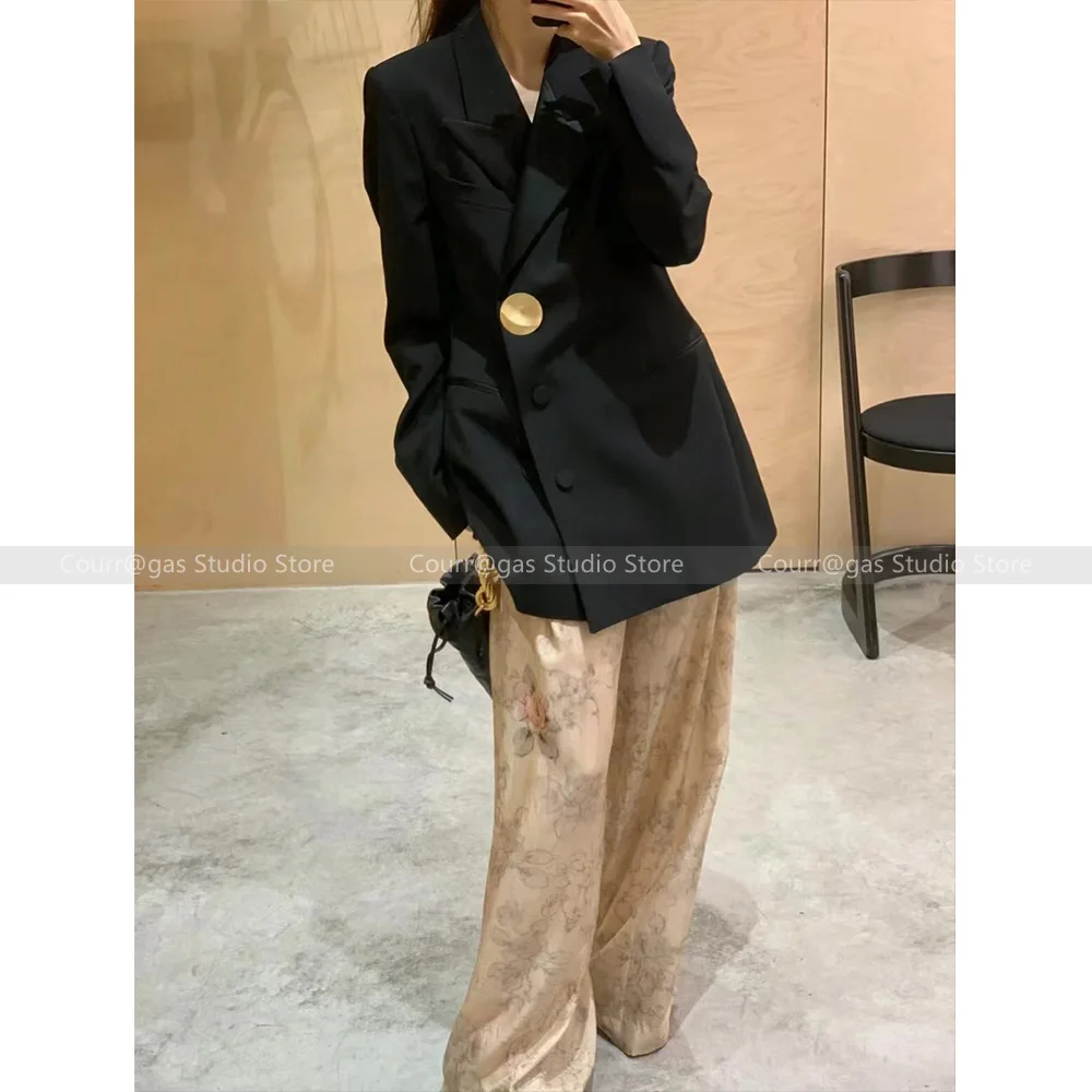 

Niche temperament senior sense of metal buckle slant lapel positive shoulder Slim acetate blazer jacket women