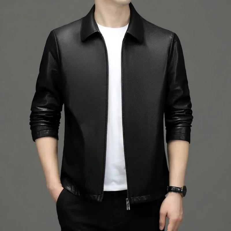 

Spring and Autumn Men's Genuine Leather Lapel Neck Jacket Fashion Slim Cowskin Coat Black Olive green Clothing