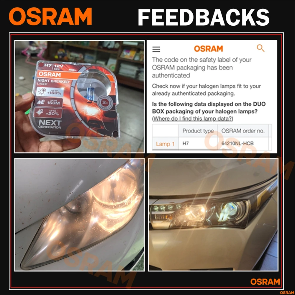 OSRAM 야간 차단기 레이저, 차세대 할로겐 헤드라이트, H8, H11, HB3, 9005, HB4, 9006 + 150% 밝은 자동 전구 (1 쌍), H1, H3, H4, H7