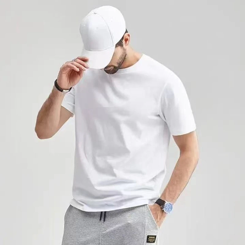 머서라이즈드 코튼 반팔 티셔츠 남성용, 라운드 넥, 액체 암모니아 실크, 아이스 여름 비즈니스 80 면, 루즈 단색 탑