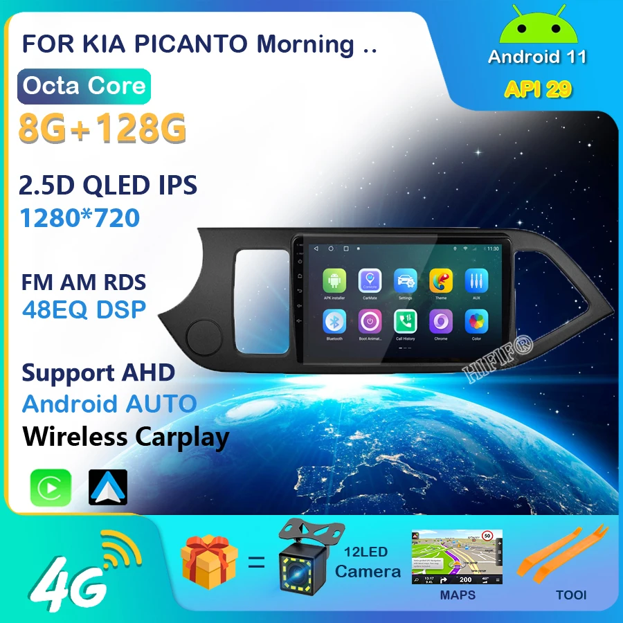 9" 4g Lte Android 11 Carplay For Kia Picanto Morning 2011 2012 2013