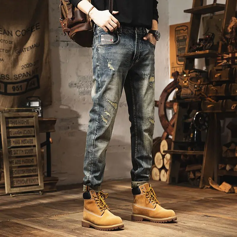 

With Holes Male Cowboy Pants Ripped Straight Skinny Trousers Broken Tight Pipe Torn Slim Fit Spring Autumn Men's Jeans Stylish