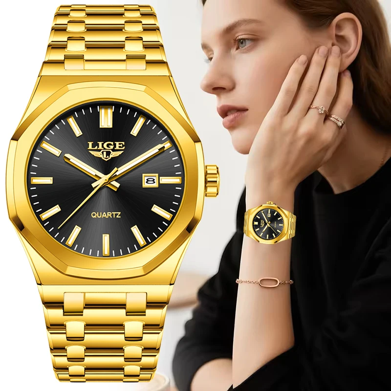 Elegant Gold Quartz Women's Watch - Luminous, Waterproof, Date Display, and Steel Chronograph Design