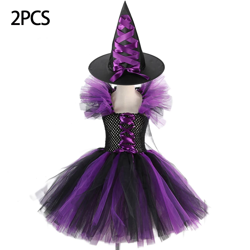 thumbnail image 1 of Disfraz de bruja morada para niñas, vestido de malla con cola, disfraz de Maléfica de lujo para niñas, fiesta de Halloween, ropa de cosplay de Disney para niños de 2 a 12 años, 1 of 5