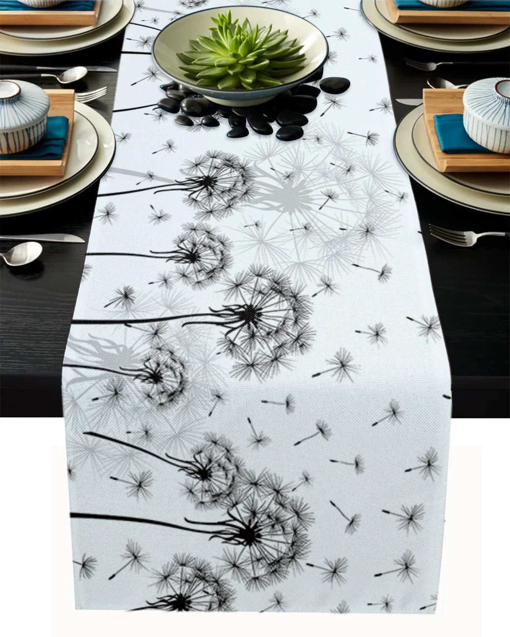 

Black And White Dandelion Plant Linen Table Runners Kitchen Table Decoration Dining Table Runner Wedding Party Supplies
