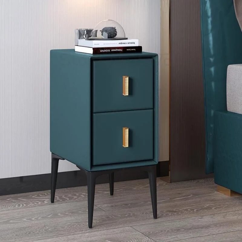 Nordic Ultra-Narrow Leather Bedside Table-Modern Minimalist Solid Wood Side Cabinet, Light Luxury Bedroom Storage