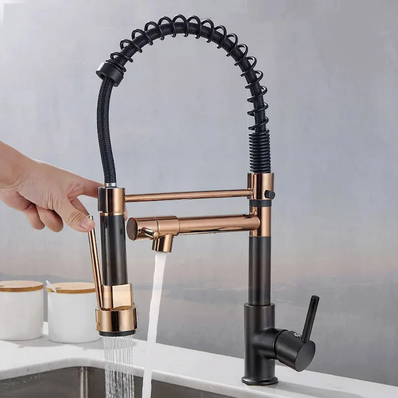Golden Brass Pulling Kitchen Sink Faucets Dual Outlet Water-Cold Hot Washing Basin Tap Deck Mounted Spring Mixer Taps