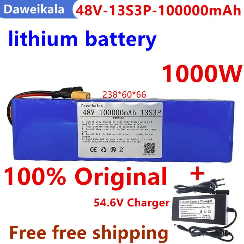 

48V 100Ah 1000w 13S3P XT60 48V Lithium ion Battery Pack 100000mah For 54.6v E-bike Electric bicycle Scooter with BMS+charger