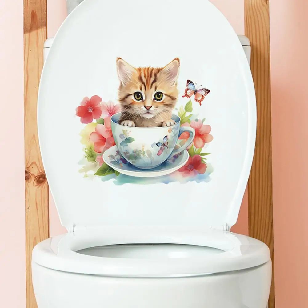 

Teacup Cat Toilet Sticker Teacup Cat Flower Toilet Sticker Removable Self-adhesive Waterproof Pvc Decal for Room Wall Art