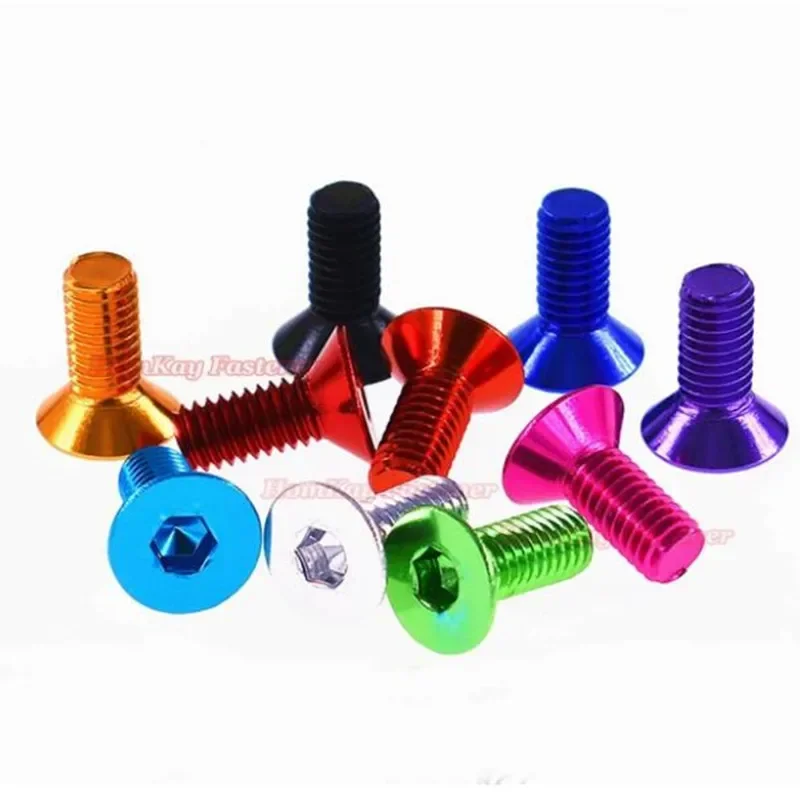 Hex Socket Screw 10pcs Aluminum Flat Screws m3 m4 m5x6/8/10/12/14/16 Flat Hex Socket Countersunk head Screws Bolts Anodized Color