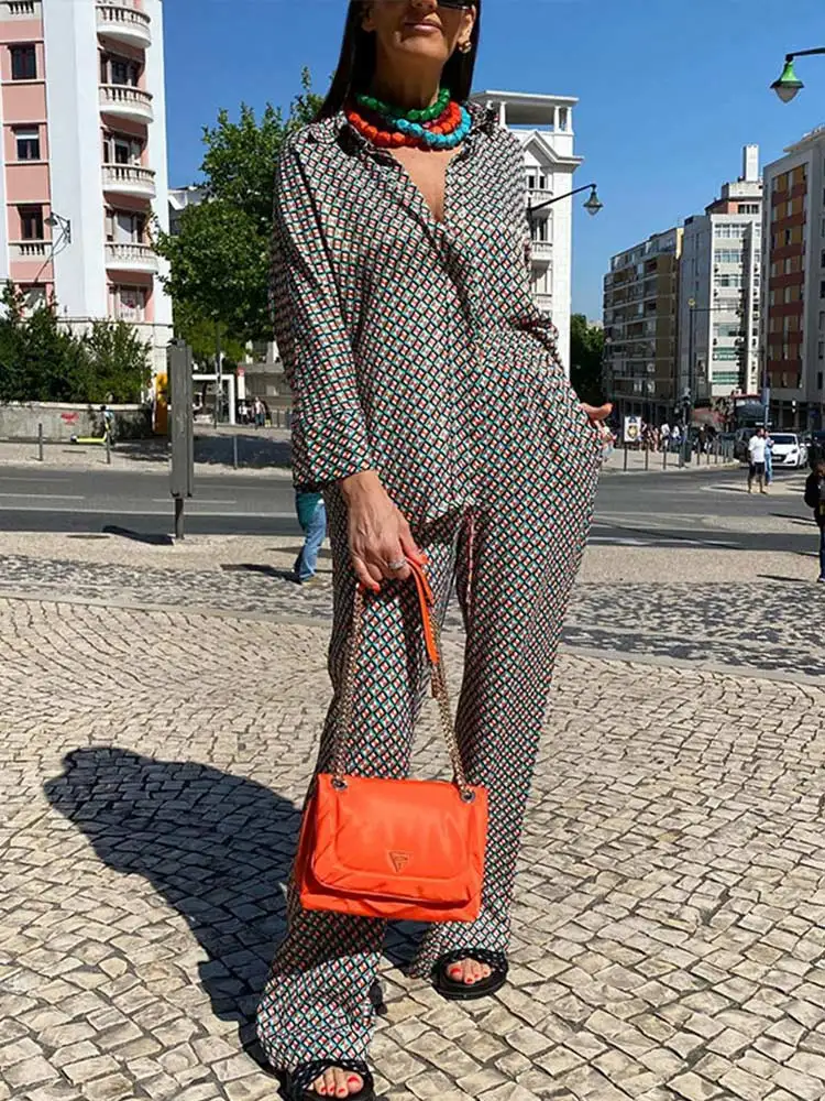 Casual Loose Print Straight Trouser Suits Women Vintage Full Sleeves Shirt  Pants Sets 2022 Summer Lady Fashion Outfits - Pant Sets - AliExpress