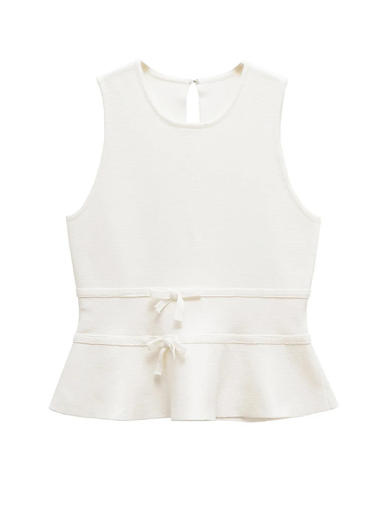TFMLN Elegant Women's Round Neck Sleeveless Knit Vest  Sweet Bowknot Decoration Ruffled Hem Pullover Tops Fashion Summer New