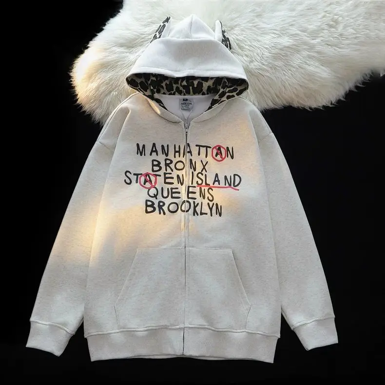 Niche personality leopard print hooded zipper cardigan sweatshirt customized hoodies for women autumn design loose splicing American couple coat