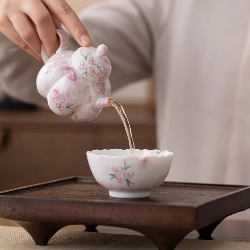 Hand drawn rose ceramic Kung Fu tea set, one pot, one cup, handmade tea pot, cup, outdoor portable set