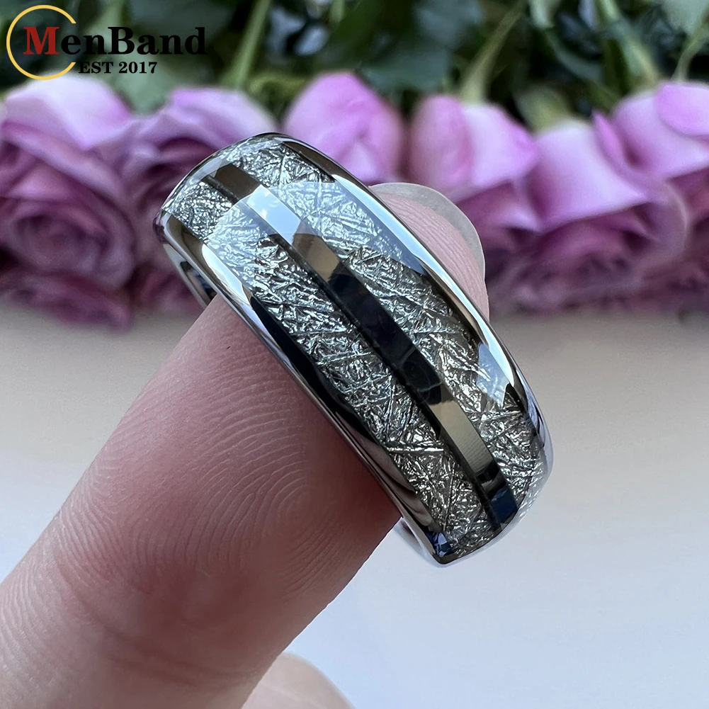 MenBand Fashion 8MM Men And Women Tungsten Wedding Band Ring With Double Groove White Meteorite Inlay Comfort Fit Size 6-15