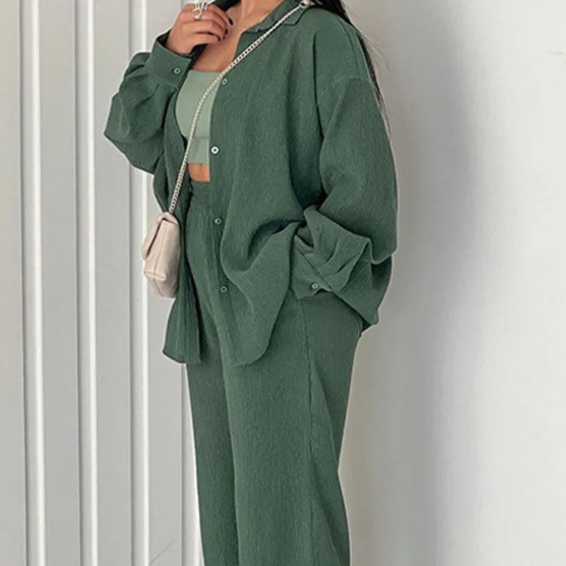Women's Casual Suit 2024 the Latest Solid Color Loose Shirt Long Sleeve Button Up Top Wide Leg Trousers Long Pants Two-piece Set