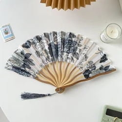 Oriental Silk and Bamboo Folding Hand Fan with Floral Design (A Gray)