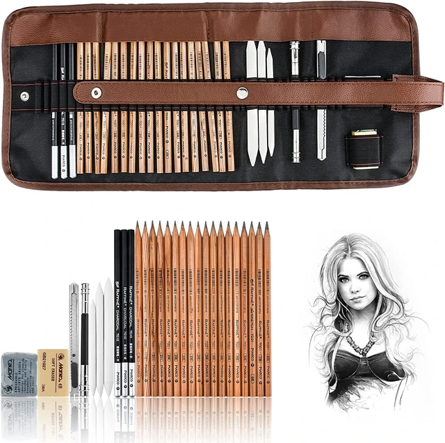 29pcs/set Sketch Pencil Set Professional Sketching Drawing Kit Wood Pencil  Pencil Bags Art Supplies Drawing Set Charcoal Pencils Kneaded Eraser Art Kit  for Painter School Students Kids Teens Adults Sketch Set