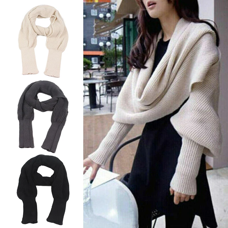

Winter Warm Solid Color Knitted Wrap Scarf Crochet Thick Shawl Cape With Sleeve For Women And Men Scarf With Leeves