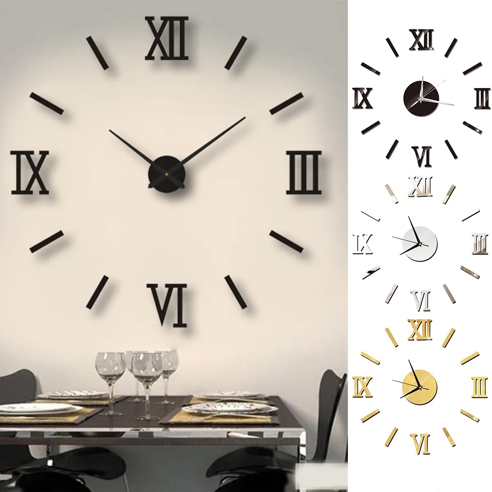 Modern DIY Interior Roman Wall Clock 3D Acrylic Mirror Wall Stickers Quartz Clocks Living Room Watch Home Decor Mural Decals