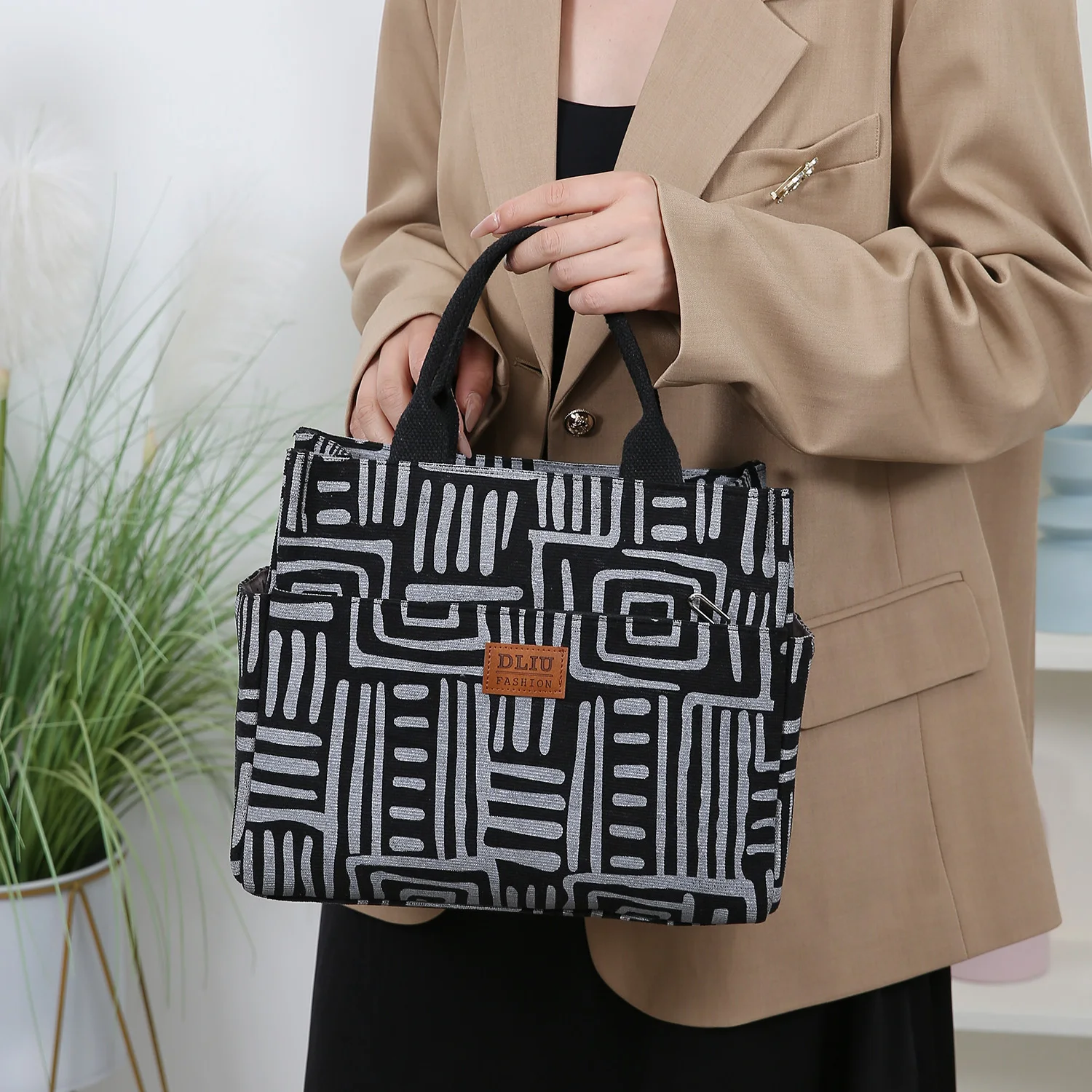 Cord-Lunch-Tasche mit Folieneinsatz, Lunchbox-Tasche, Handtasche, Tragetasche, Handschuh-Tasche mit großem Fassungsvermögen – Detail 19