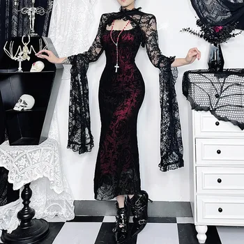 Gothic Sexy Long Fishtail Dress for Women Robe New Spaghetti Strap Sleeveless Backless Ruched  Vintage  Maxi Dress Vestidos 1