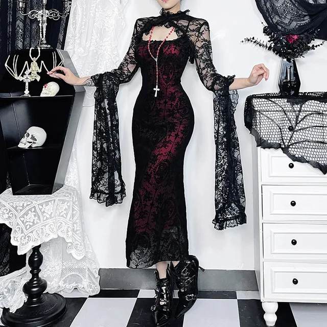 Gothic Sexy Long Fishtail Dress for Women Robe New Spaghetti Strap Sleeveless Backless Ruched  Vintage  Maxi Dress Vestidos 1