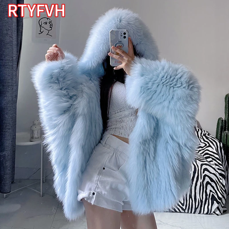 

Winter Shaggy Hairy Thick Warm Soft Colored Faux Fur Jacket Women with Hood Bat Sleeved Loose Casual Designer Clothes