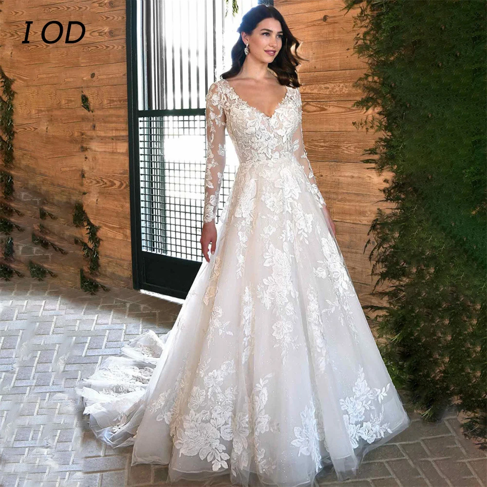 

I OD Elegant A-Line Wedding Dresses V-Neck Long Sleeves Lace Appliques Backless Bridal Gown Floor Length Vestidos De Novia New