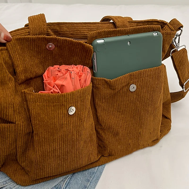 Large Capacity Corduroy Tote Bag for Women Versatile Shoulder Bag with Multiple Pockets Commuter Bag