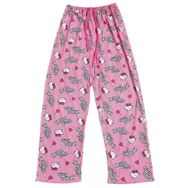 Cartoon Hello Kitty Sleeper Pants For Women Loose Thin Pink Casual Home Pants Outerwear Walking For Girls