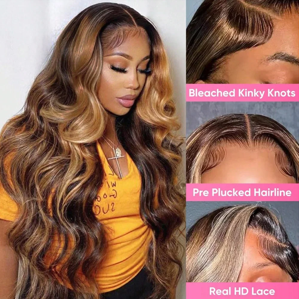 Ombre Highlight Lace Front Wigs Human Hair 13x6 Body Wave P4/27 Colored Wigs Human Hair Honey Blonde Pre Plucked With Baby Hair