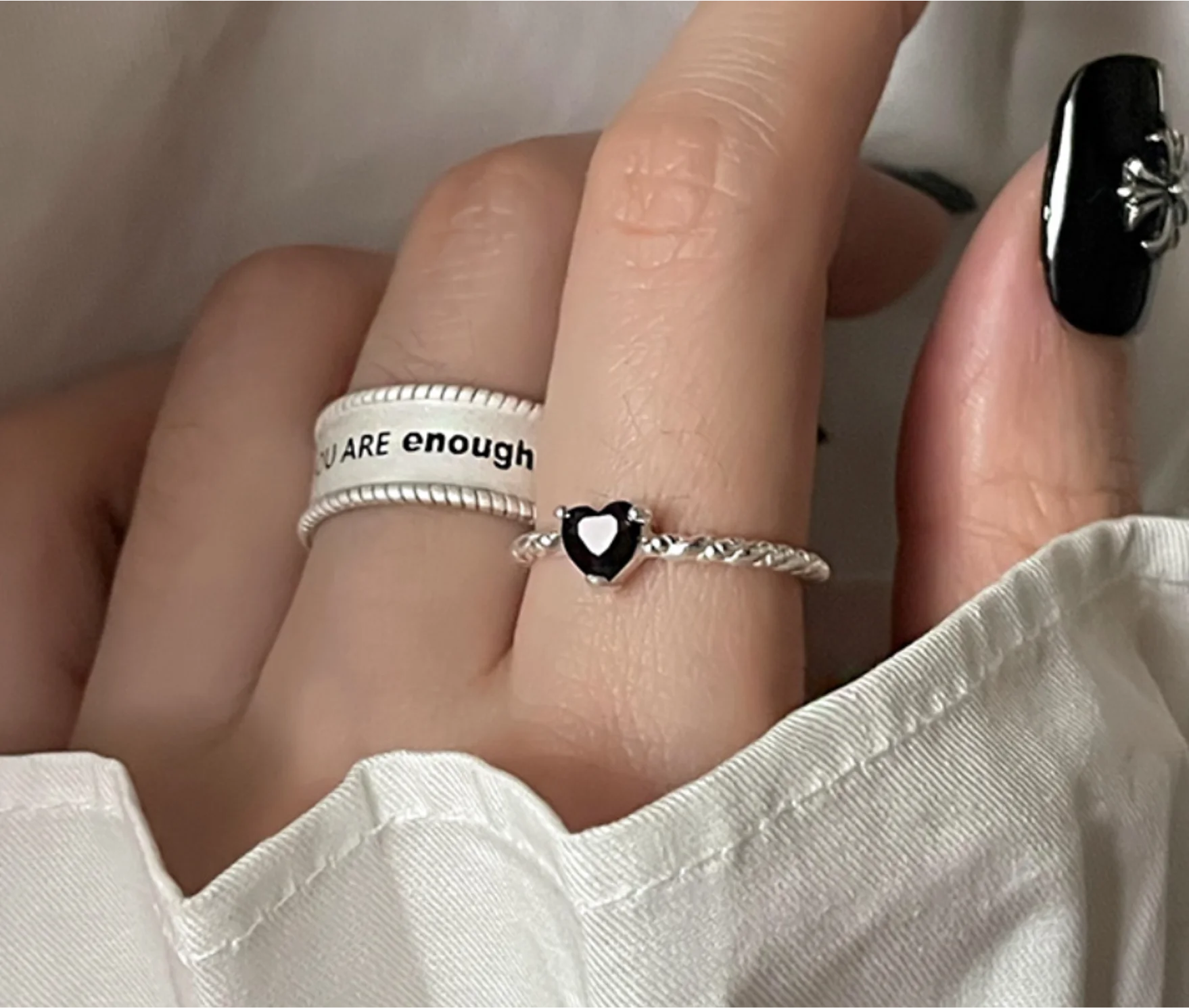 

Simple rings letter heart black S925 silver opening adjustable rings for women fashion jewelry