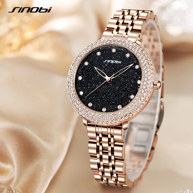 SINOBI New Arrival Fashion Design Women's Watches Top Luxury Diamond Ladies Quartz Wristwatches Girls Elegant Rose Golden Clock