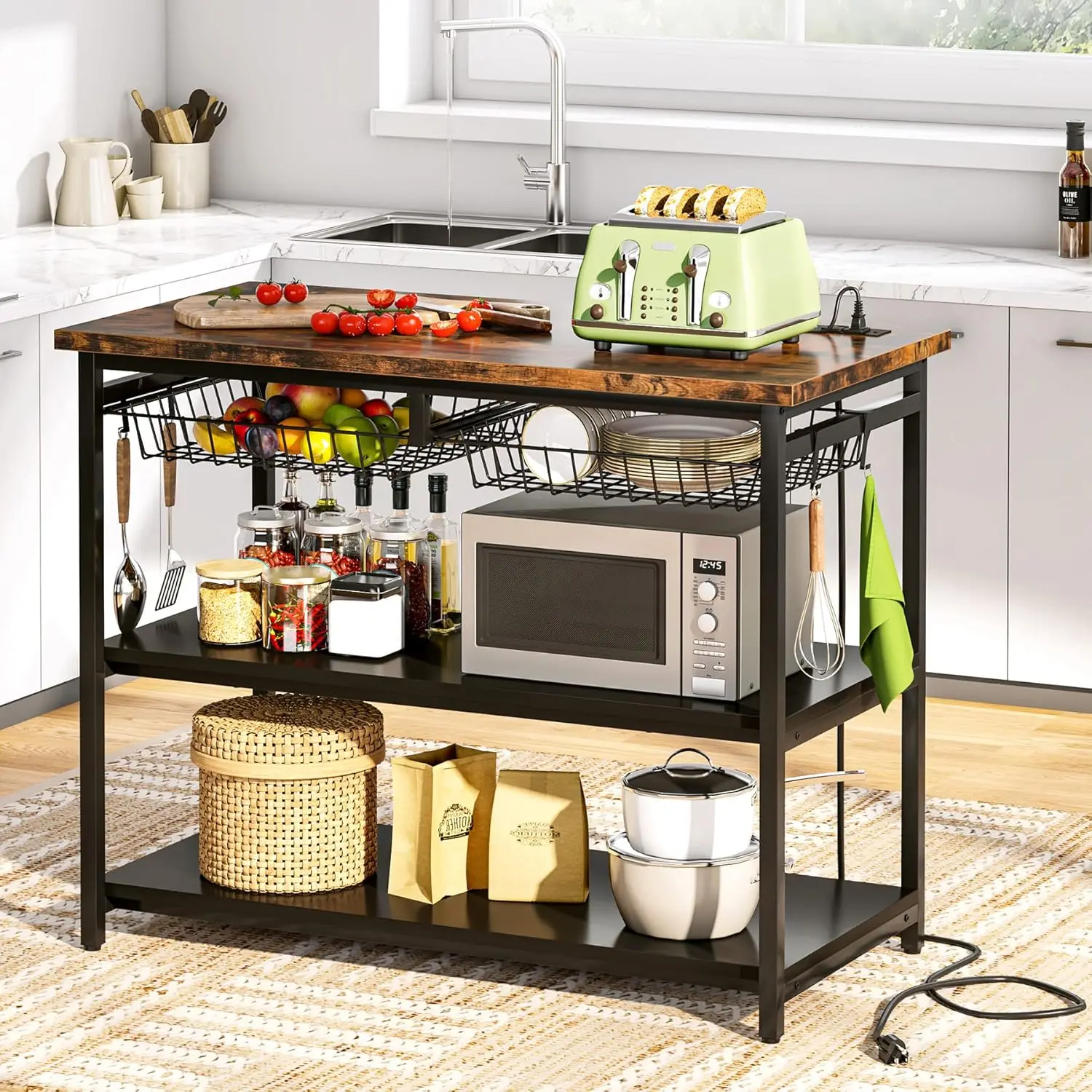 Kitchen Island with Storage, Industrial Island Table with Power Outlets and Wire Baskets, 3 Tier Microwave Oven Stand