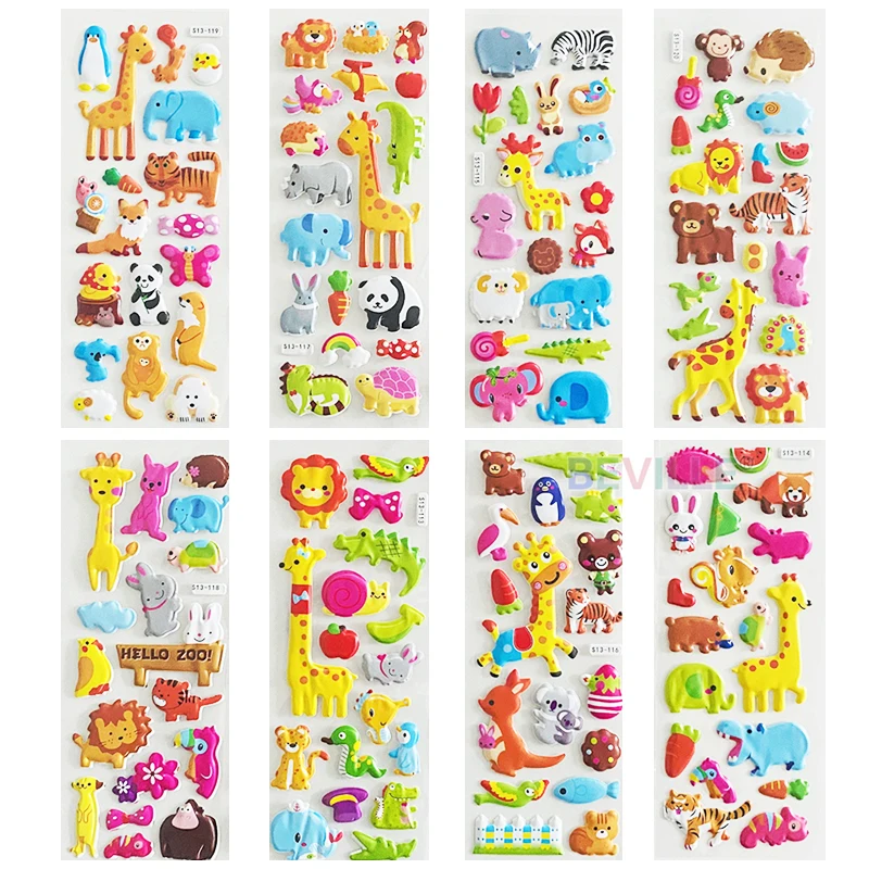 8 Sheets Children Kawaii Animal Zoo Bubble Stickers 3D Puffy