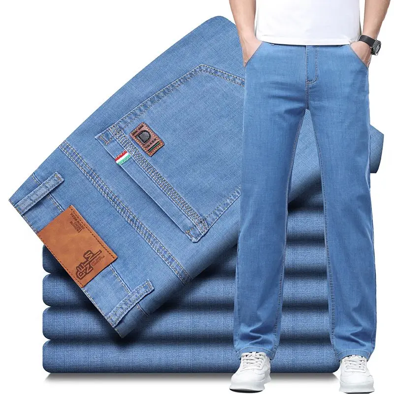 Summer Thin Men's Elastic Cotton Jeans Fashion Comfortable Business Straight Casual Denim Pants Brand Male Clothes Slim Trousers