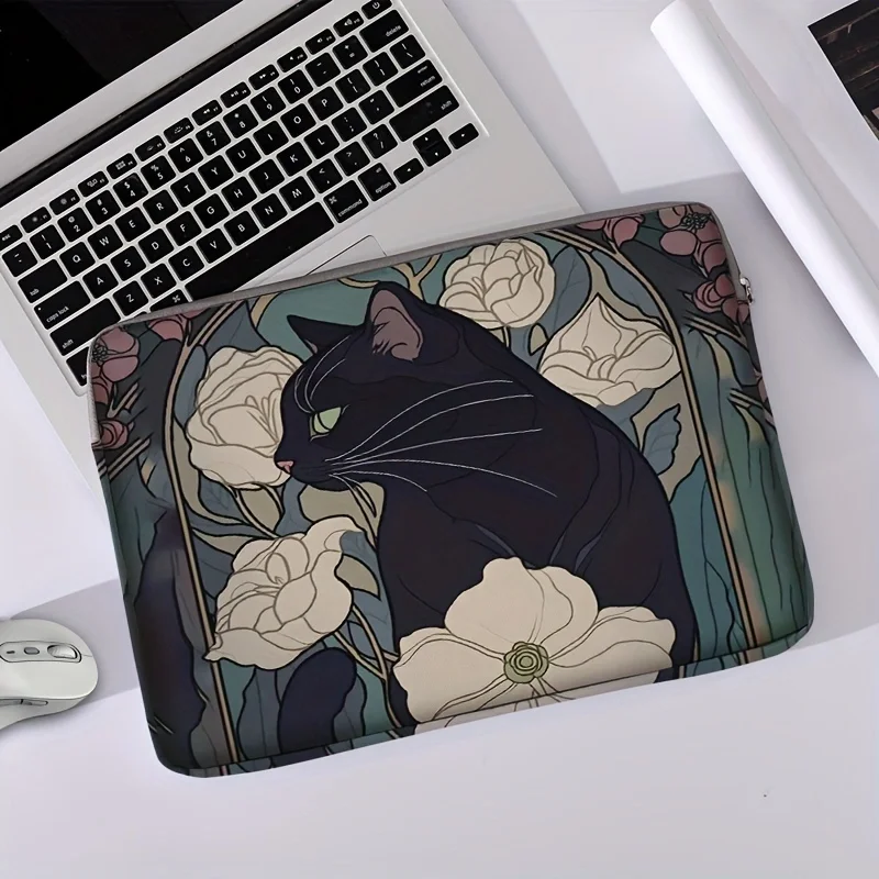 1pc，Two styles, Camellia Black Cat Pattern Printed Laptop Bag Soft Laptop Fabric Cover suitable for 14 inch laptops