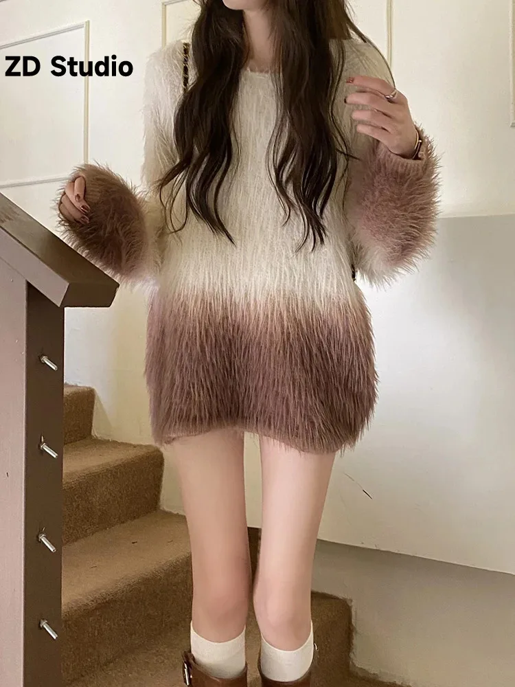 

[ZD Studio] 2024 New Soft Waxy Hairy Sweater Women's Autumn And Winter Long Gradual Loose And Lazy Pullover Sweater