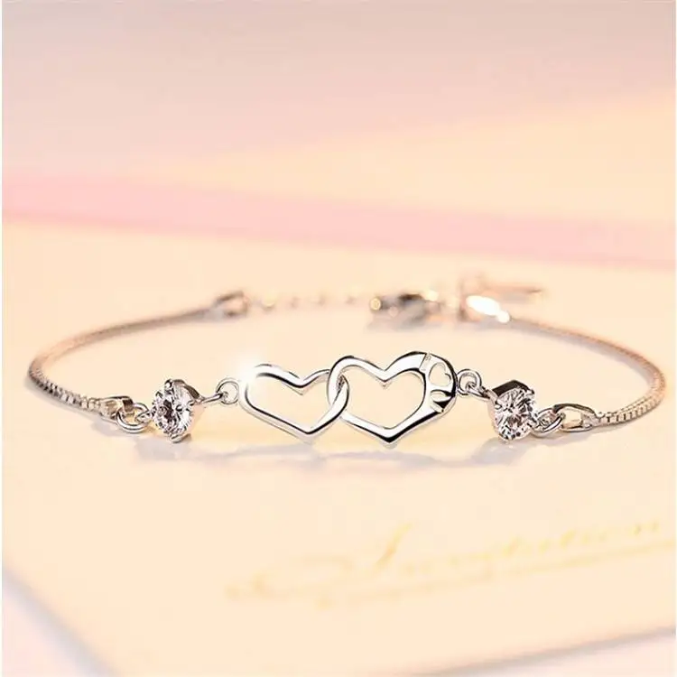 JewelryTop 925 Sterling Silver Classic Crystal Heart Bracelets Charms for Women Fashion Party Wedding Jewelry Gifts