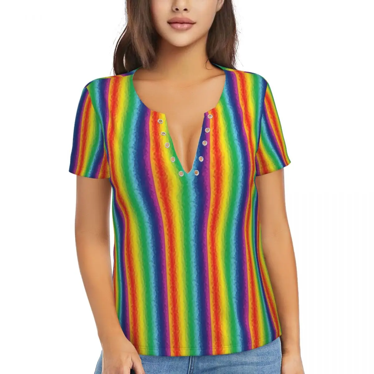 

Female T-Shirt Summer Colorblock Tshirt Rainbow Stripes Elegant T Shirts Sexy Short-Sleeve V Neck Casual Custom Oversized Tops