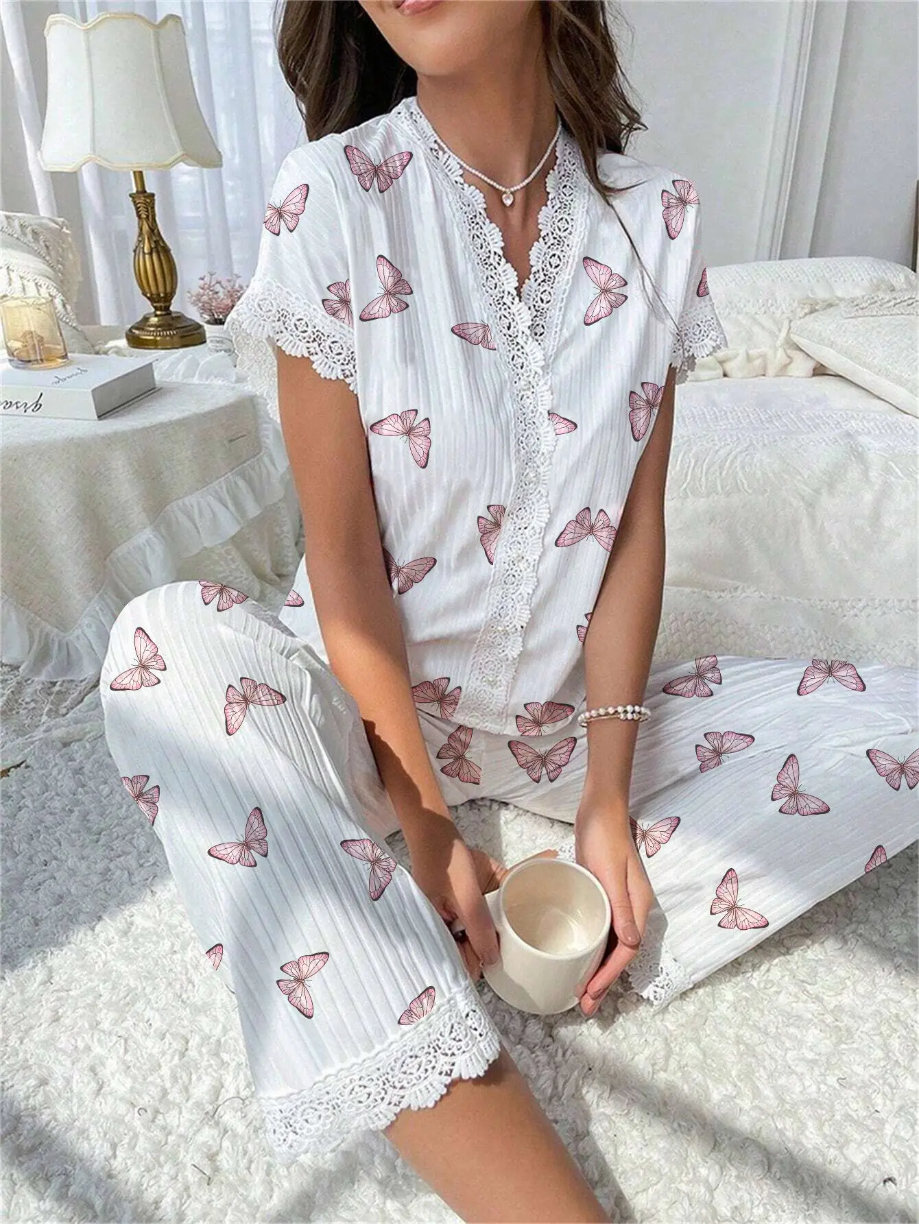 New Cute Ribbed Knit Pajama Set Womens Cherry Print V Neck Short Sleeve Top and Pants Two Piece Sleepwear Lace Trim Homewear Set