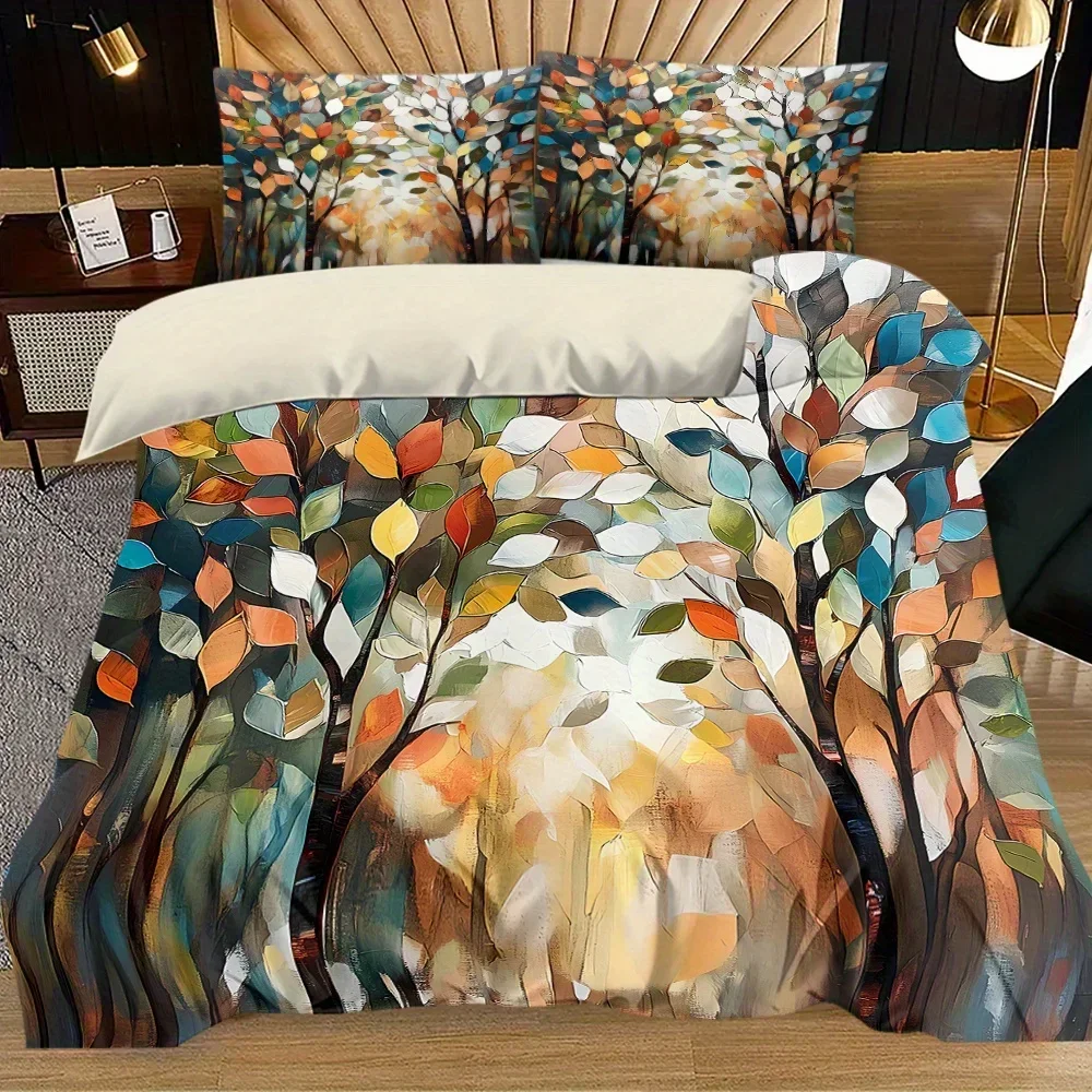3pcs Colorful Oil Painting Leaves Printed Quilt Set- Includes 1 Quilt Cover and 2 Pillow Cover (without Filler)